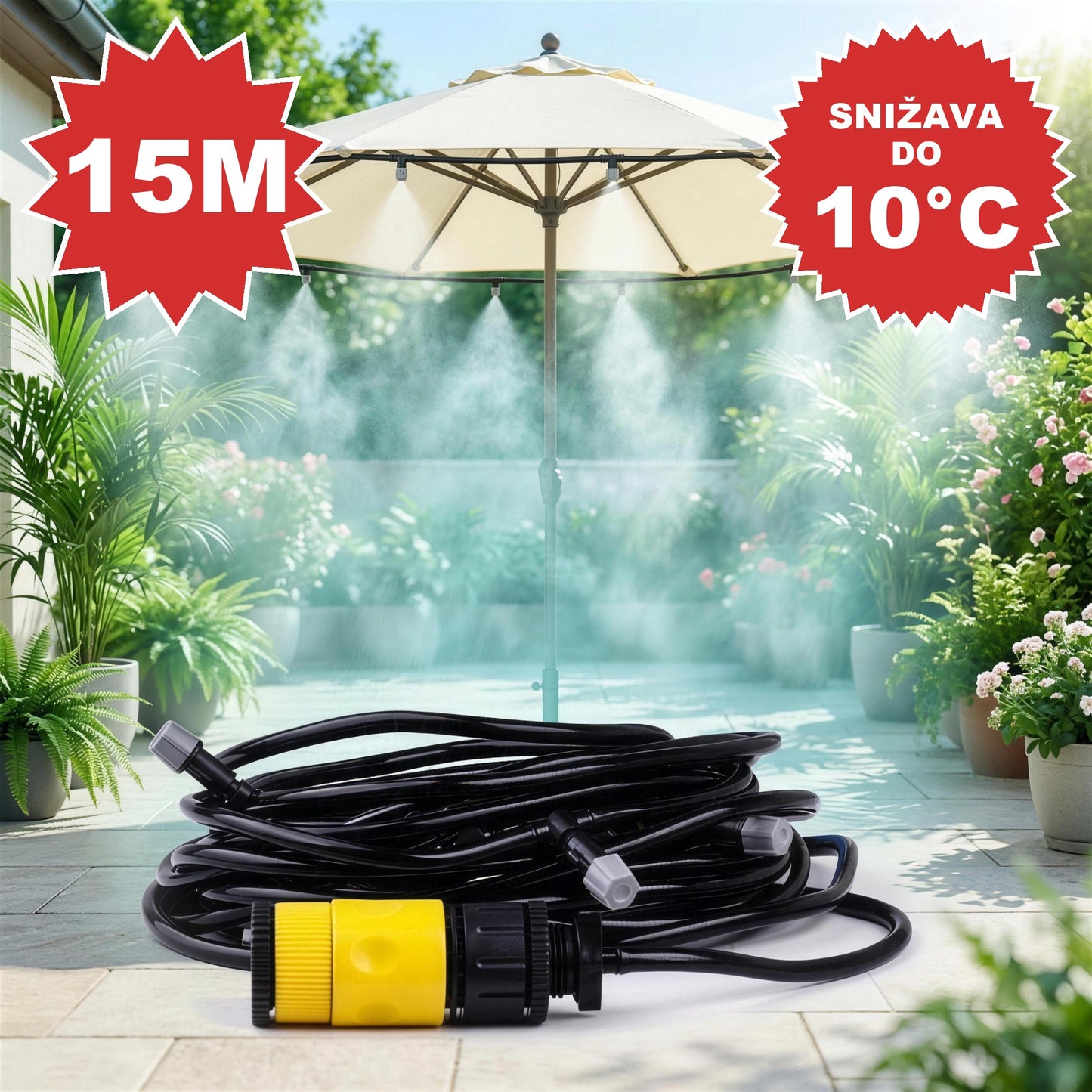 Sistem za hlađenje vodenom maglom 15M - magla pod suncobranom, snižava do 10°C